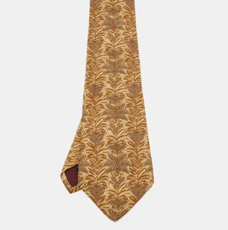 Ferragamo Brown Leaf Print Silk Traditional Tie