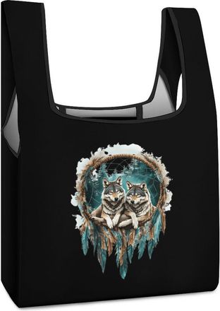 Generic Dream-catcher Wolf Reusable Shopping Bags Lightweight Foldable Grocery Bag Polyester Washable Tote Bag