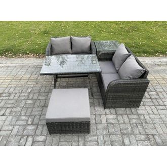 Fimous Outdoor Garden Furniture Sets 5 Pieces Wicker Rattan Furniture Sofa Sets with Rectangular Dining Table Love Sofa Big Footstool Side Table - Fimous