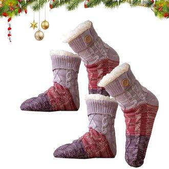 Generic Knitted Ultra-Thick Slipper Home Socks, Fluffy Warm Slipper Socks for Women (2*Purpl)