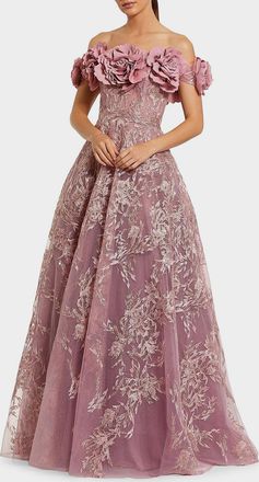 Mac Duggal Sequin-Embroidered Off-the-Shoulder A-Line Gown