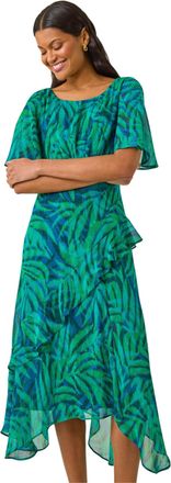 Roman Womens Leaf Print Chiffon Frill Midi Dress - Teal - Size 10 UK