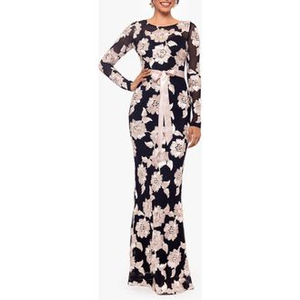 Betsy & Adam Soutache Long Sleeve Mesh Gown in Black/champagne at Nordstrom, Size 8