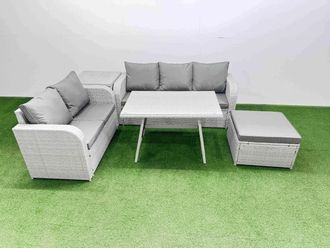 Fimous Rectangular Dining Table Sofa Set with Big Stool Side Table Light Grey