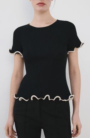 Mango Ruffle Trim Short Sleeve Sweater in Black at Nordstrom, Size X-Small