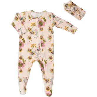 Everly Grey Jersey Long Sleeve Footie & Head Wrap Set in Camellia at Nordstrom, Size Newborn