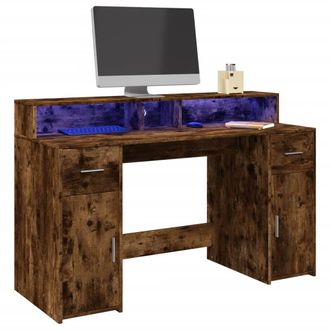 Berkfield Home Desk with LED Lights Smoked Oak 140x55x91 cm Engineered Wood in Brown | Size: 140 x 55 x 91 cm