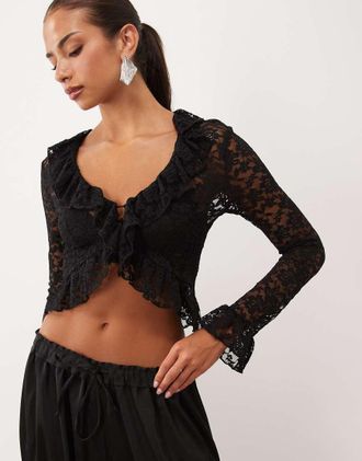 Lioness top coordinato in pizzo con volant e maniche lunghe nero