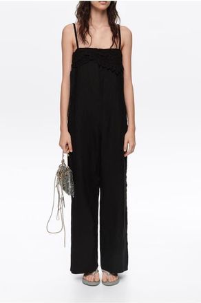 Bimba & Lola Linen Crochet Neckline Jumpsuit in Black at Nordstrom, Size Xx-Small
