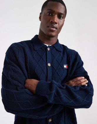 Tommy Jeans Cardigan comodo in maglia a trecce blu navy