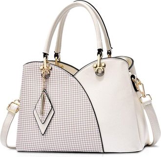 Nicole & Doris Elegant Womens Handbag with Multiple Pockets, Shoulder Bags Made of PU Leather, Handbag, Checked Shoulder Bag with Pendant, White, L, casual