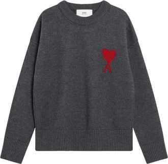 Ami Heart Crewneck Sweater - Heren - Ronde hals truien - Grijs - L - Wol - Truien & Vesten