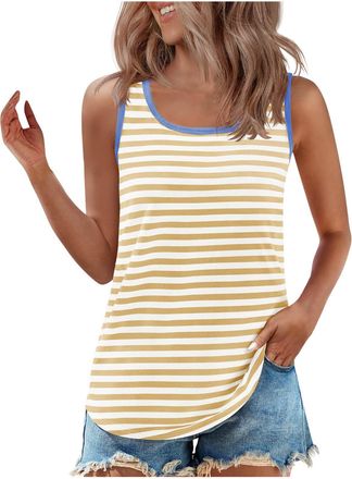 Generic WomenS Longline Vest Striped Tank Tops Fashion Baggy Go Out Vests Summer Sports Yoga Workout Tunic Cami Loose Scoop Neck Sleeveless Blouse Basic Casua