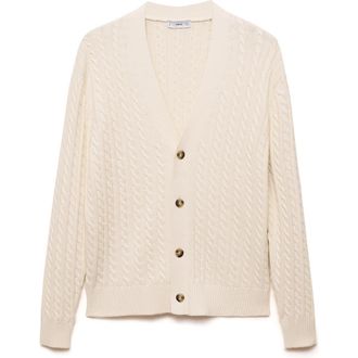 Mango Cable Stitch Cotton Blend Cardigan in Off White at Nordstrom, Size Small