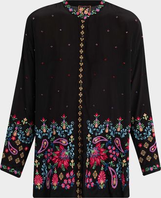 Johnny Was Audrey Paisley-Embroidered Silk Shirt