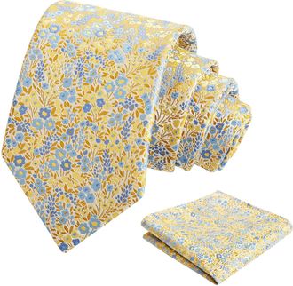 Alizeal Mens Floral Patterned Wedding Party Tie with Pocket Square 8cm Colorful Classic Business Tie Set, Yellow+Blue-C
