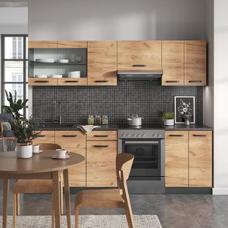 Vicco Mueble De Cocina Raul, Oro Power Roble/antracita, 240 Cm, Et Negro Estampado Con Tira De Led
