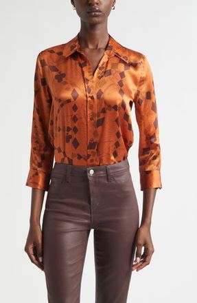 L'agence Dani Playing Card Print Silk Button-Up Shirt in Amber Brown Playing Card Geo at Nordstrom, Size Xx-Small