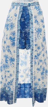 Sandro White/blue Floral Print Linen Blend Shorts Overlay Skirt