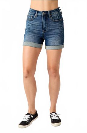 Judy Blue Womens Denise Tummy Control Vintage Wash Cuffed Shorts In Blue