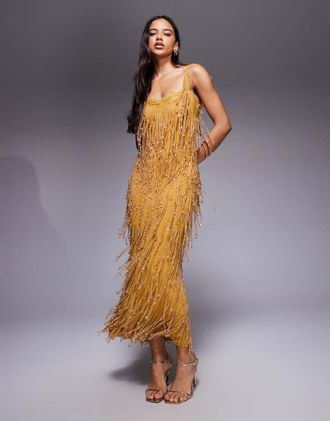 Asos Vestito midi color senape decorato con fodera in pizzo trasparente-Giallo