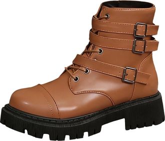 Generic Womens Combat Boots PU Leather Platform Chunky Sole Round Toe Ankle Booties With Side Zipper Elegant Stylish Ladies Casual Shoes Autumn Winter size 5.