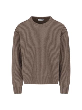 Jil Sander Brown Crewneck Ribbed Wool Sweater