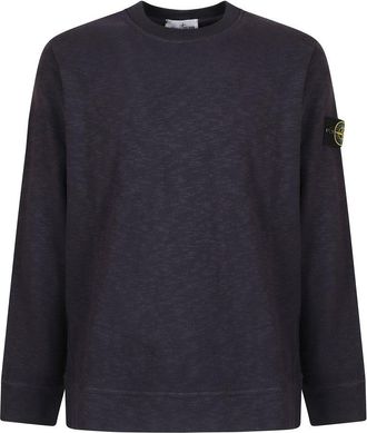Stone Island Crew Neck Blue Sweater With Textured Fabric And Logo Patch