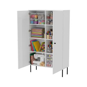 Dmora Mueble Multiusos Sedilo De 2 Puertas, Mueble Multifuncional Con 6 Estantes Interiores, Acabado Liso Con Dise&ntilde;os Geom&eacute;tricos, 100x39 H166 Cm, Color Bla