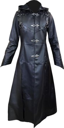 Generic Womens Real Black Leather Trench Coat with Hood - Long Gothic Steampunk Style (UK, Alpha, L, Regular, Regular, Standard, Black)