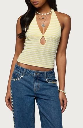Edikted Maylah Stripe Knit Keyhole Halter Top in Yellow at Nordstrom, Size X-Small