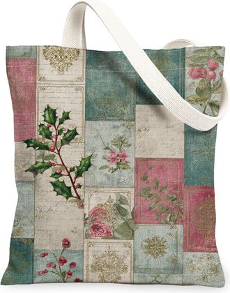 Generic Vintage Floral Canvas Tote Bag, Rustic Botanical Print Reusable Shopping Bags, Holiday Lightweight Washable Shoulder Strap, Multicolor, 13x15 Inch