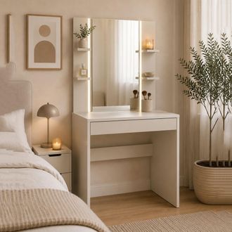 Dmora Toletta Loga, Mueble De Tocador Con Espejo Incluido, Un Caj&oacute;n, Efecto Liso, 80x40x136h Cm Beige Claro