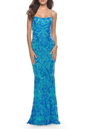 La Femme Print Sequin Gown with Square Neckline in Aqua at Nordstrom, Size 10