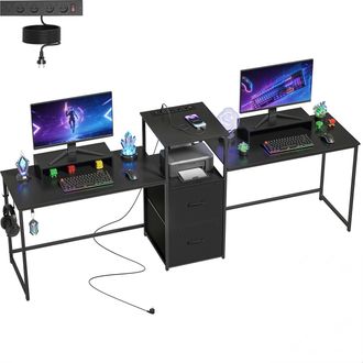 OEM Mesa Gaming Doble De 244 Cm Con Estaci&oacute;n De Carga Puertos Usb Soportes Para Monitor Cajones De Tela Negro