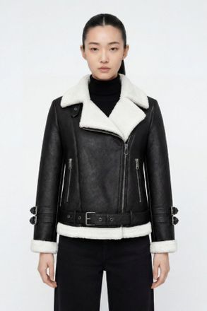 Elle Womens Ines Faux-Shearling Biker Jacket Black/White - Size Medium