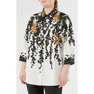 Marina Rinaldi Calao Cotton Button-Up Shirt in White Black at Nordstrom, Size 22W