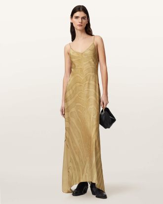 AllSaints Polyester Leona V-Neck Maxi Slip Dress, Size: UK 14/US 10