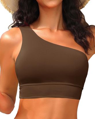 Holipick Women One Shoulder Bikini Tops Only Bathing Suit Top Sports Bra Swim Tops Longline Crop Top for Teen Girls, Brown, S