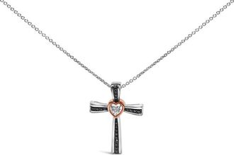 House of Brilliance 14K Rose Gold Plated Sterling Silver Black Rhodium Diamond Accent Heart Cross Pendant Necklace