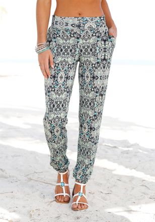 Lascana Strandhose LASCANA, Damen, Gr. 34, N-Gr, blau (marine, bedruckt), Jersey, Obermaterial: 95% Viskose, 5% Elasthan, bedruckt, figurumspielend lang, Hose