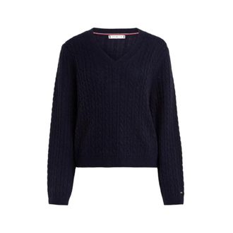 Tommy Hilfiger Zachte wollen AO kabel V-gebreide trui - Dames - V-hals truien - Blauw - M - Wol - Truien & Vesten