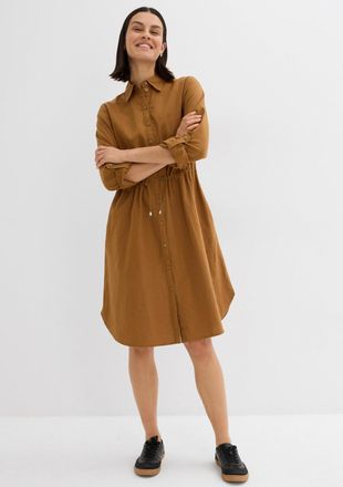 Bonprix Midikleid BONPRIX Hemdblusenkleid aus Leinen-Baumwoll-Mix, Damen, Gr. 38, N-Gr, cognac braun (l&auml;nge: regul&auml;r), Obermaterial: 55% Leinen, 45% Baumwolle