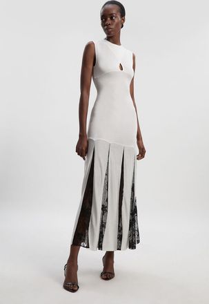 Karen Millen Womens Viscose Blend Slinky Sheer Lace Detail Knit Maxi Dress - Cream - Size X-Small