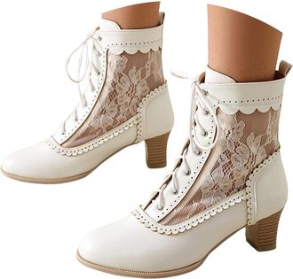 Generic Victorian Boots for Women,2025 Halloween Vintage Round Toe Lace Up Lace Embroidered Short Ankle Boots Breathable Comfortable Mid Calf Renaissance Outd