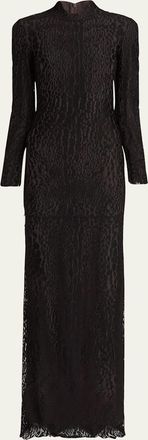 Tom Ford Leopard Lace Mock-Neck Evening Dress