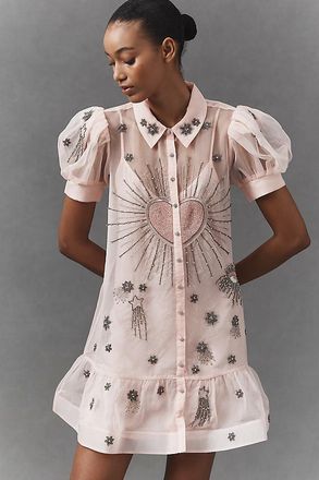 Maeve Short-Sleeve Embellished Mini Shirt Dress