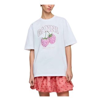 Ganni Tops, Dames, Wit, M, Katoen, Framed T-shirt met Framboosprint