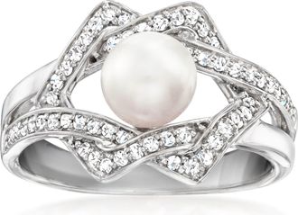 Ross-Simons 6-6.5mm Cultured Pearl and. Diamond Interlocking Ring in Sterling Silver