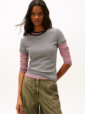 Tommy Jeans Kurzarmshirt TOMMY JEANS TJW SLIM ESSENTIAL RIB SS EXT, Damen, Gr. 4XL (48), schwarz, wei&szlig; stripe, Single Jersey, Obermaterial: 95% Baumwolle, 5% Elas